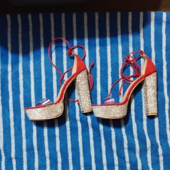 Elegant Red Strappy Heels with Glitter Block Heel - Picture 6 of 10